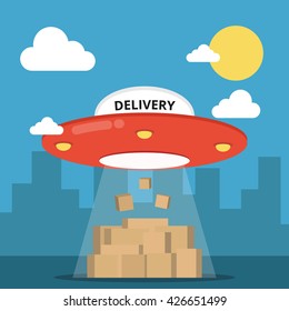 Concept of the delivery service. Flat vector illustration UFO and boxes.