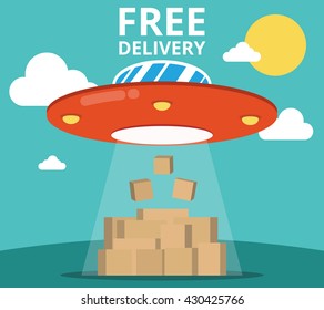 Concept of the delivery service. Flat vector illustration UFO and boxes.