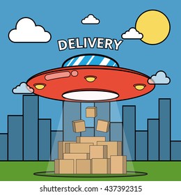 Concept of the delivery service. Flat vector illustration UFO and boxes.