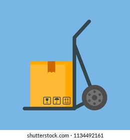 Concept of delivery service. The icon for the package. Shipping on a trolley for cargo. Vector image.