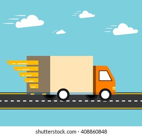 Concept of the delivery service. Illustration of fast shipping. Truck van of rides at high speed.