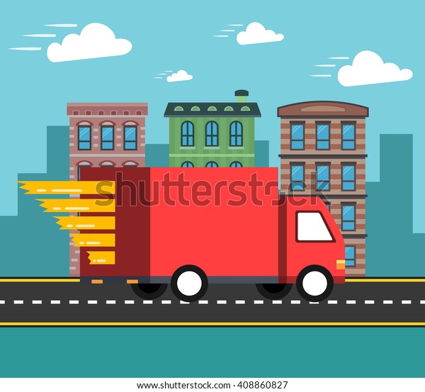 Concept of the delivery service. Illustration\
of fast shipping. Truck van of delivery rides at high speed. City\
on the background.