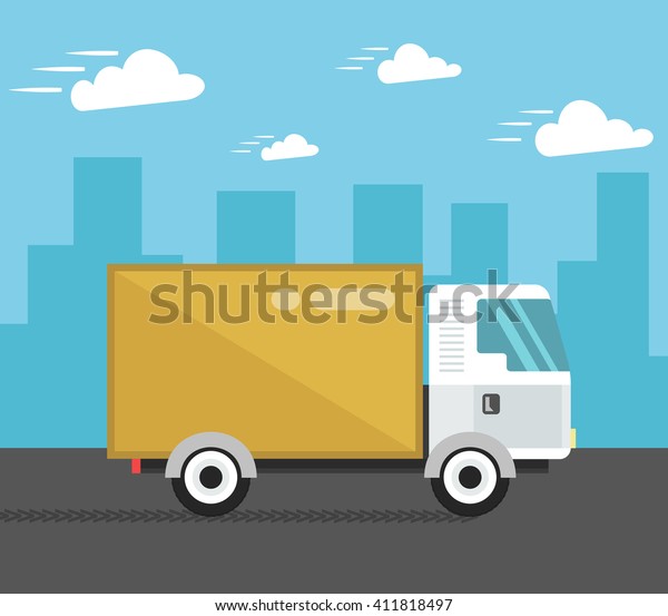 Concept of the delivery service.\
Illustration of fast shipping. Truck van of rides at high\
speed.