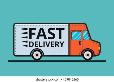 Concept of the delivery service. Illustration of truck fast shipping. Flat vector.