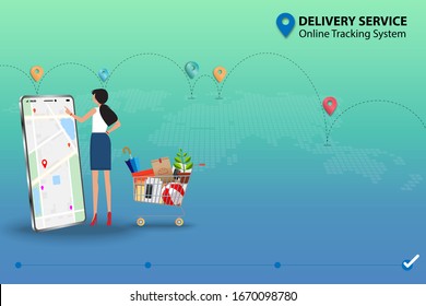 Concept Of Delivery Service With Online Tracking System, Young Woman Standing Near Super Market Basket With Goods And Check Map And GPS To Track The Shipment That Shown On The Display Of Smartphone.