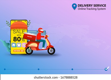 Concept of delivery service with online tracking system, man driving scooter near smartphone.  The display contain discount rate, list of products, customer review in pastel background.