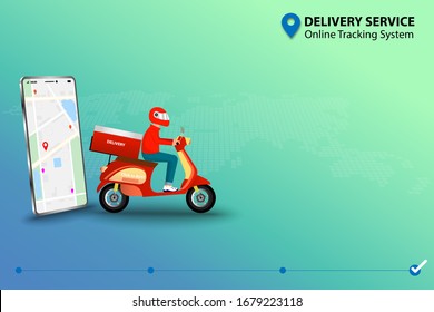 Concept of delivery service with online tracking system, man driving scooter near smartphone. and check map and GPS to track the shipment that shown on the display of smartphone.