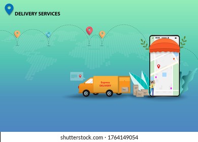 Concept of delivery service with online tracking system, tiny staff is preparing the goods and also track the shipment that shown on the screen of smartphone to deliver the goods by van on time.