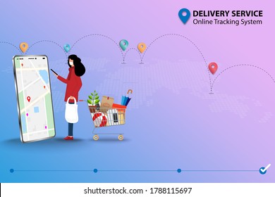 Concept Of Delivery Service And Online Tracking, Young Woman Standing Near Super Market Basket With Goods And Holding A Smartphone To Check Map And GPS To Track The Shipment That Shown On The Display.