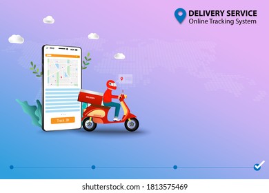 Concept of delivery service with online tracking system, scooter man in front of smartphone that display contain map and GPS to deliver the goods to customer in pink blue shade color background.