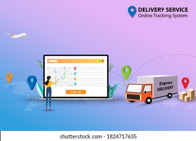 Concept of delivery service with online tracking system, business women is working on the screen of laptop that display contain map and GPS to track and check the shipment to deliver the goods on time