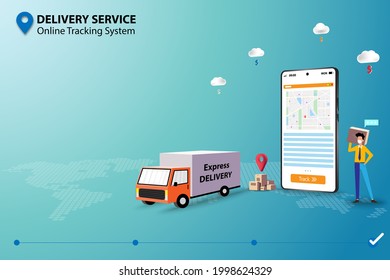 Concept of delivery service with online tracking system, staff is preparing the shipment to deliver the goods to customers by truck and check the destination by use application on mobile phone.
