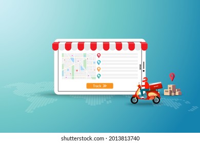 Concepto de servicio de entrega con sistema de seguimiento en línea, repartidor montando una moto delante de una gran pantalla de tablet que la pantalla contiene mapa y GPS para entregar los productos a los clientes.