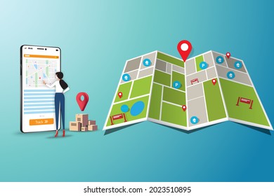 Concept of delivery service with online tracking system, business woman is checking and track the shipment by use application on mobile phone that the screen contain map and GPS. Vector 3D design.