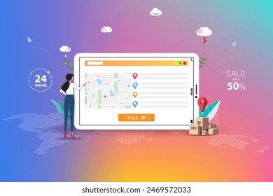 Concept of delivery service with online tracking system, business woman is checking and track the shipment by use application on tablet that the screen contains map and GPS in colorful background.