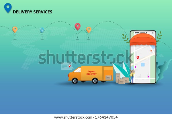Concept of delivery service with online tracking\
system, tiny staff is preparing the goods and also track the\
shipment that shown on the screen of smartphone to deliver the\
goods by van on time.