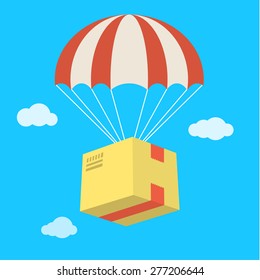 Concept for delivery service. Package flying down from sky with parachute. Flat design colored vector illustration.