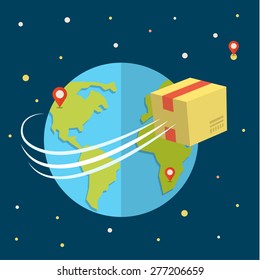 Concept for delivery service. Package flying around earth. Flat design colored vector illustration.