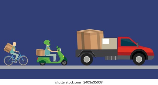 Concept of delivery service, delivery of parcels by different means of transport