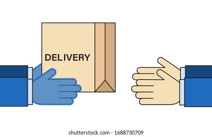 Concept for delivery service, receiving package from courier to customer.Stay at home concept. Concept of quarantine and prevention of spread of coronavirus. Disposable gloves. Vector.