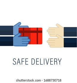 Concept for delivery service, receiving package from courier to customer.Stay at home concept. Concept of quarantine and prevention of spread of coronavirus. Disposable gloves. Vector.