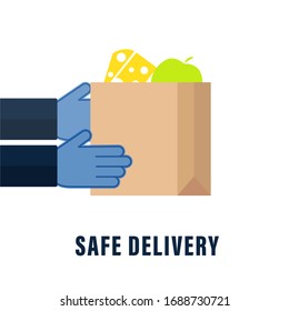 Concept for delivery service, receiving package from courier to customer.Stay at home concept. Concept of quarantine and prevention of spread of coronavirus. Disposable gloves. Vector.