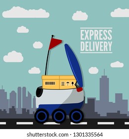 Concept for delivery service. Delivery robot with the package. Flat design. Vector illustration.