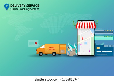 Concept of delivery service, tiny business man preparing the shipment and standing near a big screen of smartphone that contain map and GPS to track the shipment and to deliver the goods to customers.