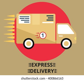 Concept of the delivery service. Truck with a cardboard box. Flat vector illustration.