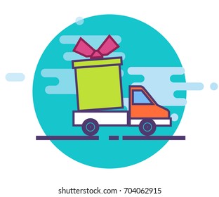 The concept of delivery service. A truck or a cargo van in a modern flat style. Fast delivery of the parcel. Vector