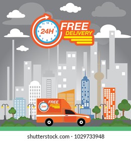 Concept of the delivery service. Vector Illustration of fast shipping. 24H free delivery. Truck van on city background.