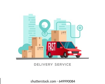 Concept of the delivery service. Vector Illustration of fast shipping. Truck van on city background.