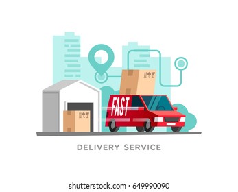 Concept of the delivery service. Vector Illustration of fast shipping. Truck van on city background.