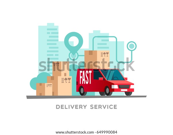 Concept of the delivery\
service. Vector Illustration of fast shipping. Truck van on city\
background.
