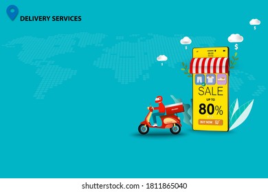 Concept of delivery services, scooter man is preparing to deliver the goods to customer that ordered from the application on mobile in green color background. Vector 3D design.
