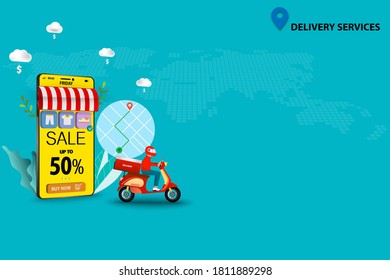 Concepto de los servicios de entrega, scooter man se prepara para entregar los bienes al cliente que ordenó desde la aplicación en el teléfono móvil con fondo de color verde. Diseño vector 3D.