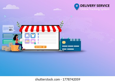 El personal, que presta servicios de entrega, está sentado sobre la pila de monedas y se prepara para entregar el envío de bienes al cliente.  plataforma de pedido de compra en línea que se muestra en la pantalla del portátil.