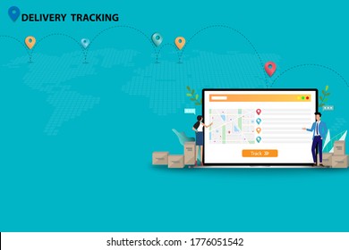 Concept of delivery tracking, business man and woman are discussing to track the shipment that shown on the screen of laptop to deliver the goods to customers on time in green color background.