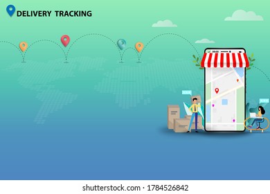 Concept of delivery tracking, businessman and woman are working to track the shipment and also prepare a new shipment to deliver to the customer by use application on mobile.