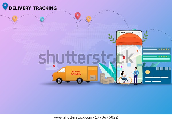 Concept of delivery\
tracking, businessman and woman are discussing to track the\
shipment that shown on the screen of smartphone to deliver the\
goods to customer by van on\
time.