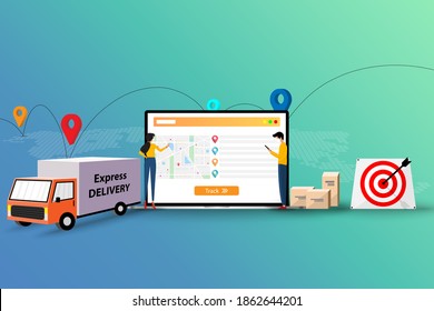 Concept of delivery tracking, logistic department staff are talking in front of a big laptop screen to track and deliver the goods to customer on time.