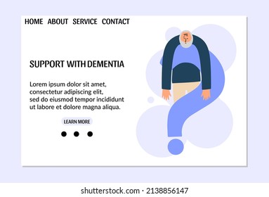 The concept of dementia, Alzheimer's disease. Elderly man with a question. Landing page design, template, web. Vector illustration