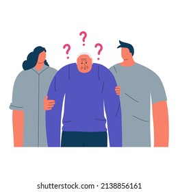The concept of dementia, Alzheimer's disease. Grandpa doesn't recognize his family. Vector illustration