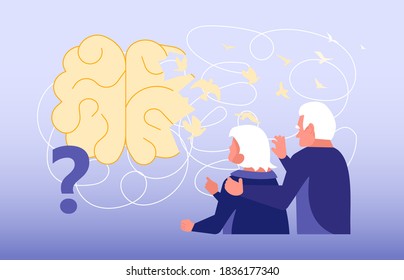 Concept of dementia and elderly brain treatment. Metaphor of memory loss, thoughts leave the brain and fly away like birds. Flat Art Vector Illustration