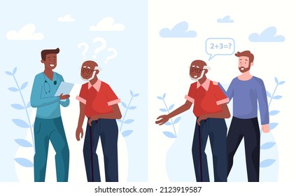 Concept of dementia. Man helps grandpa, memory problems. Diseases and treatment. Volunteer helping elderly man, charity. Doctor conducts survey to choose treatment. Cartoon flat vector illustration