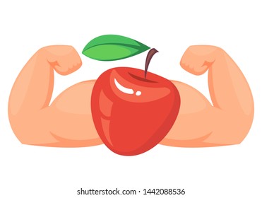 Concept demonstration of healthy eating. Fruit apple with strong muscular arms. Vector illustration in cartoon style.