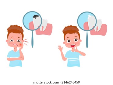 The concept of dental caries treatment. Crying boy with pain before treatment and happy after treatment.Under magnifying glass tooth with caries and healthy tooth.Vector illustration