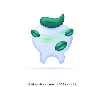 a concept of dental health care. dental health and hygiene treatment. freshness and fragrance. illustration of a tooth with green toothpaste and leaves. symbol or icon. minimalist 3d style design