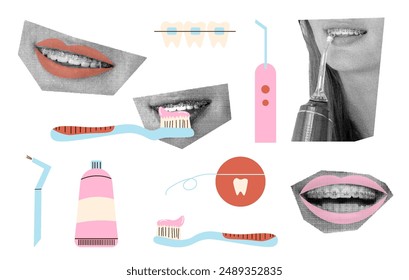 concept of dental treatment and aesthetics, orthodontics and dentistry. halftone collage smile with brackets. vector collage