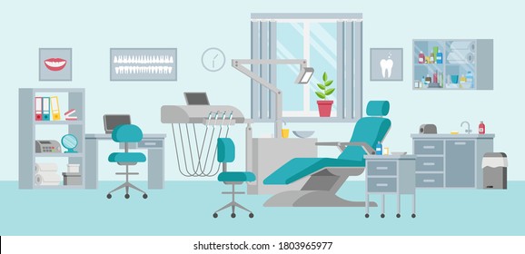 Concept of a dental unit with an adjustable chair, lamp, shelf, sink and window. Medical office in a flat style. Modern interior and equipment in the clinic. Posters on the walls. Vector illustration